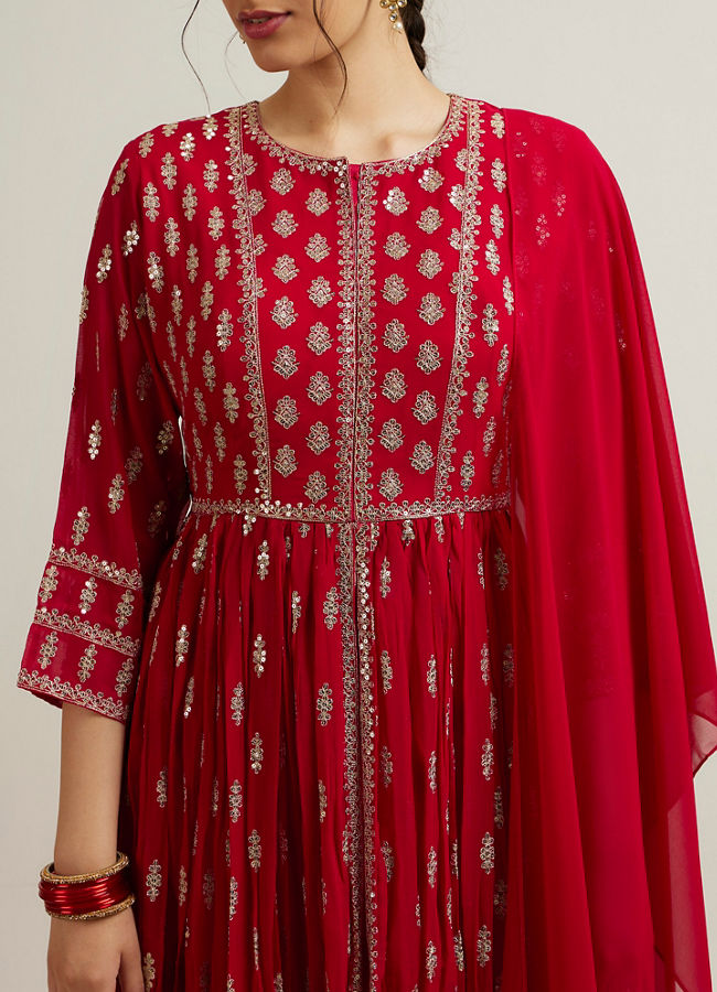 Mohey Women Rani Pink Floral Buta Patterned Anarkali Suit