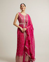 Mohey Women Rani Pink Bandhani Long Suit with Gota Patti Work