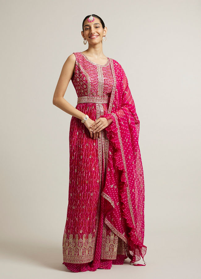 alt message - Mohey Women Rani Pink Bandhani Long Suit with Gota Patti Work image number 0