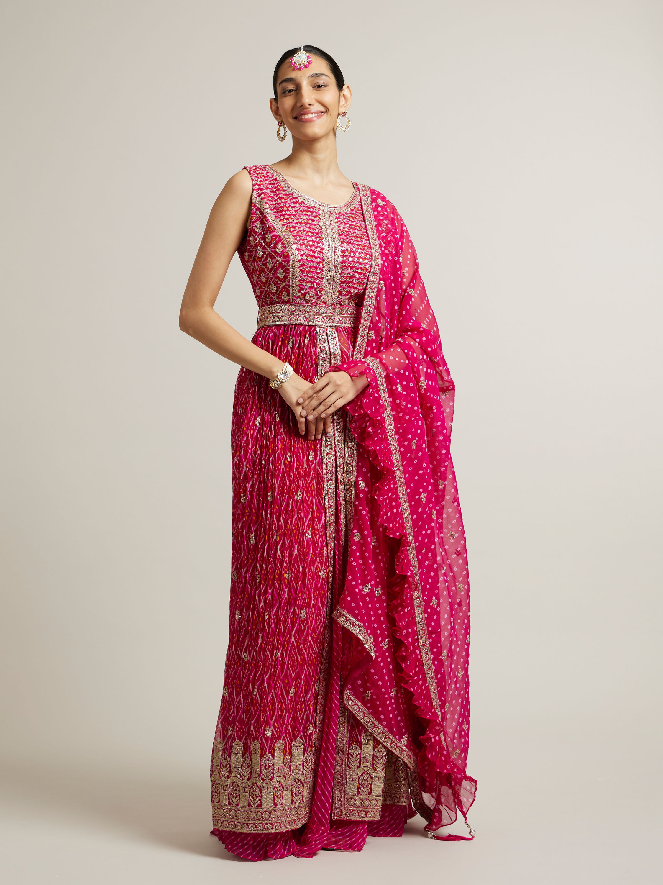 Mohey Women Rani Pink Bandhani Long Suit with Gota Patti Work