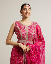 Mohey Women Rani Pink Bandhani Long Suit with Gota Patti Work