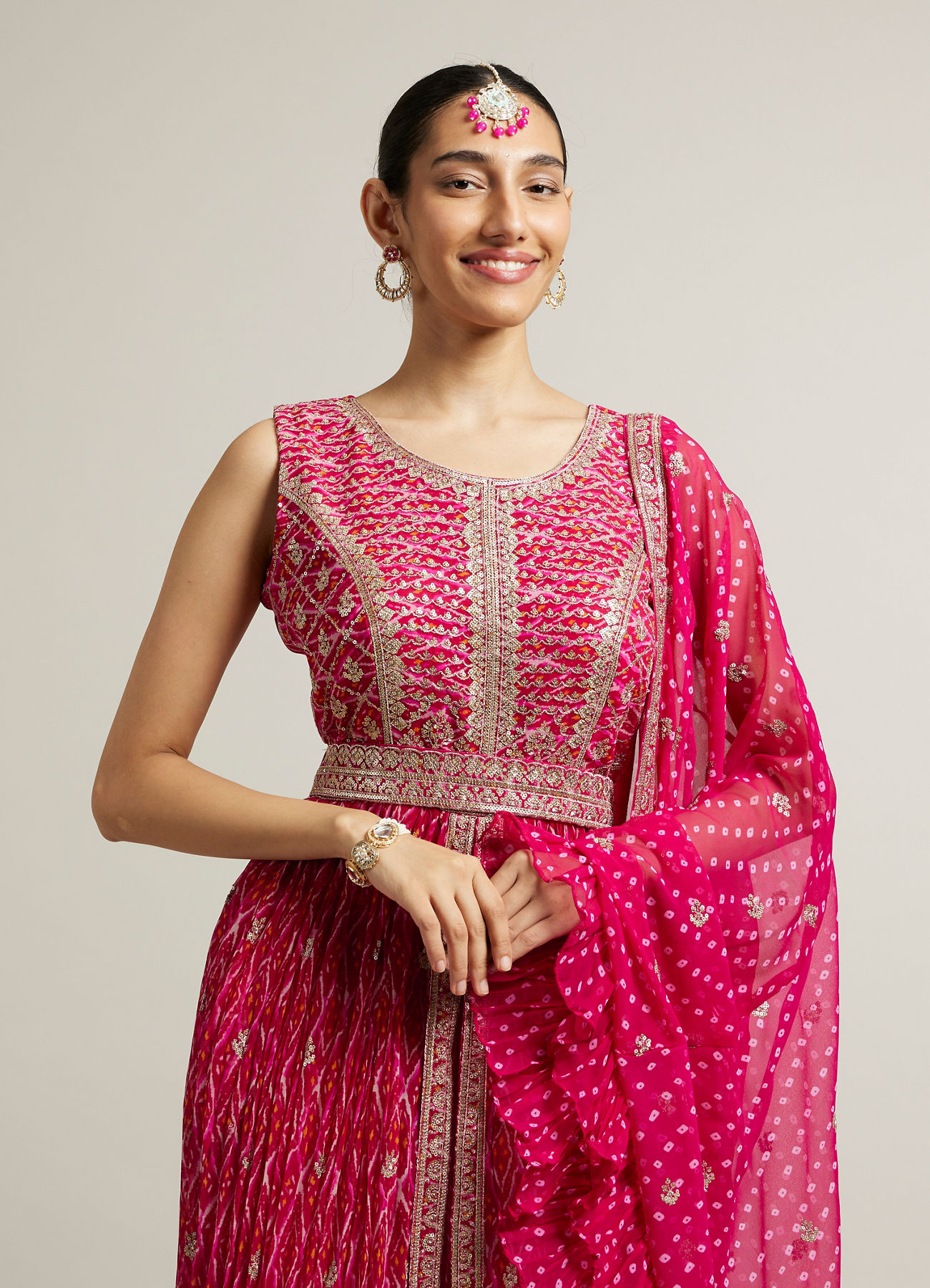 Mohey Women Rani Pink Bandhani Long Suit with Gota Patti Work