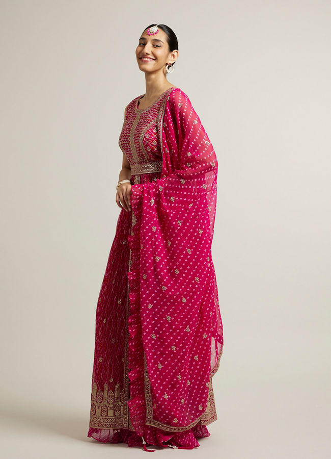 Mohey Women Rani Pink Bandhani Long Suit with Gota Patti Work