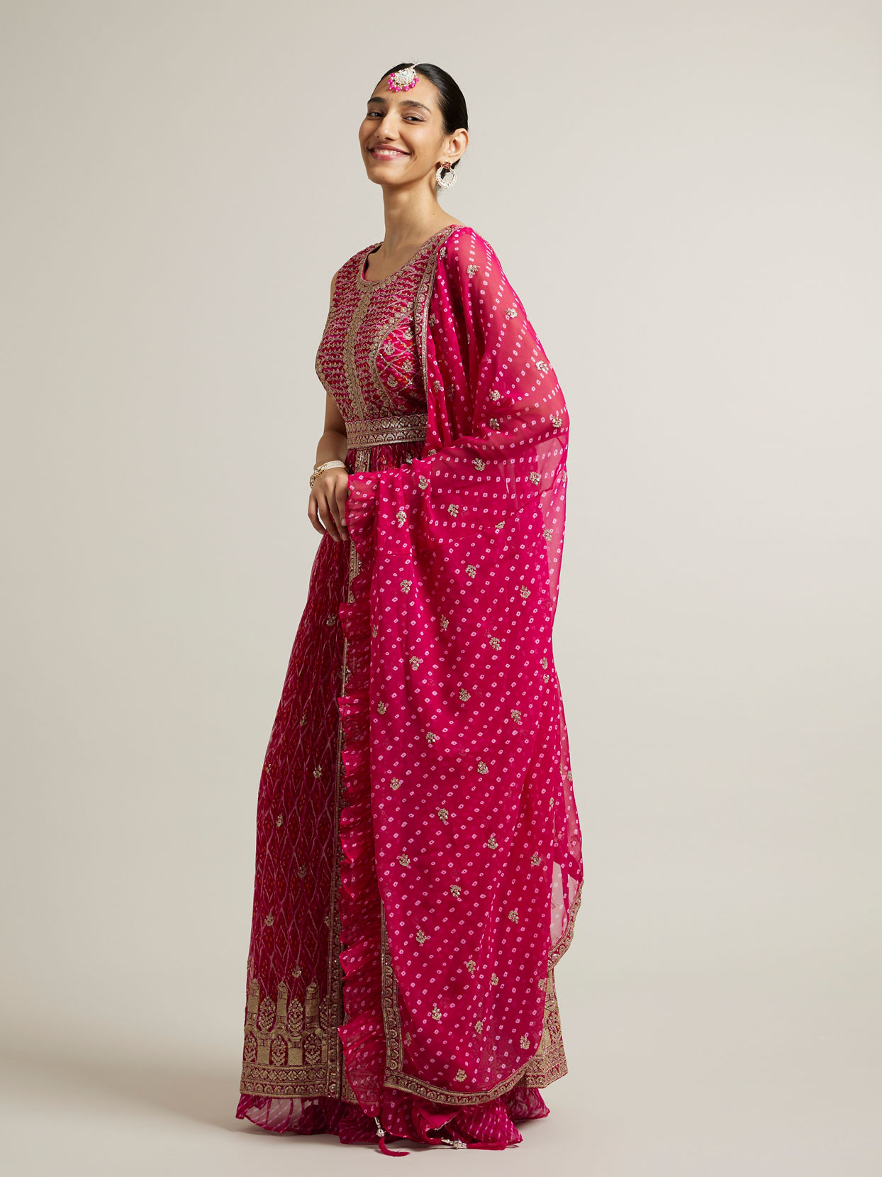 Mohey Women Rani Pink Bandhani Long Suit with Gota Patti Work