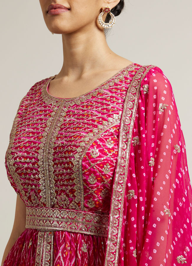 Mohey Women Rani Pink Bandhani Long Suit with Gota Patti Work