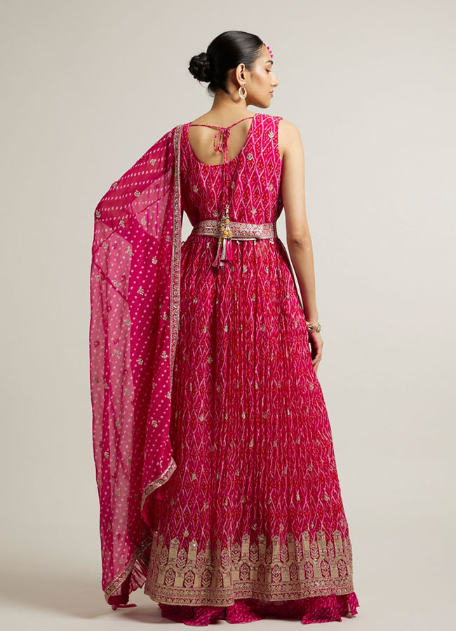 Mohey Women Rani Pink Bandhani Anarkali Suit with Gota Patti Work