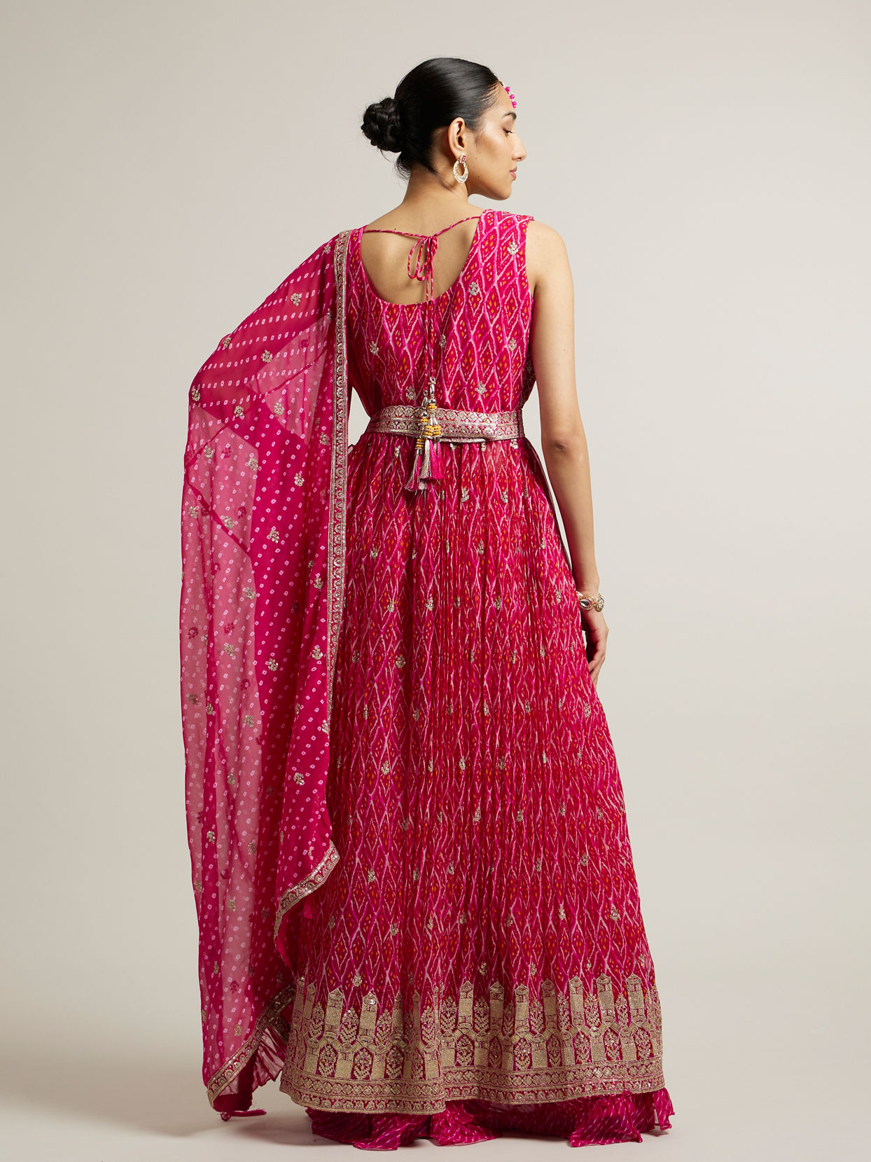 Mohey Women Rani Pink Bandhani Anarkali Suit with Gota Patti Work