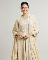 Mohey Women Dark Cream Leaf & Linear Patterned Anarkali Suit with Sequin Work