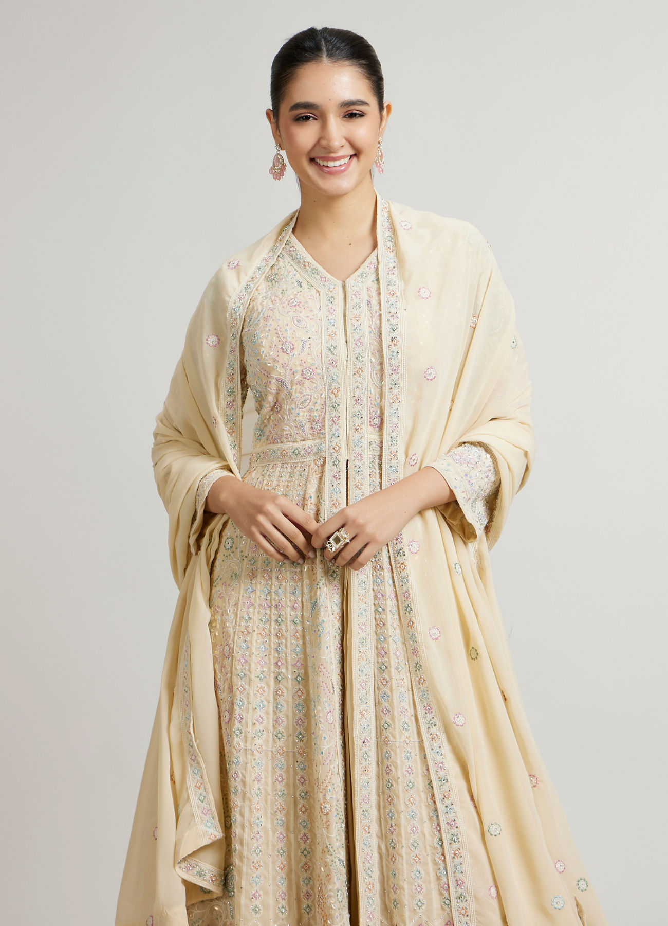 Mohey Women Dark Cream Leaf & Linear Patterned Anarkali Suit with Sequin Work
