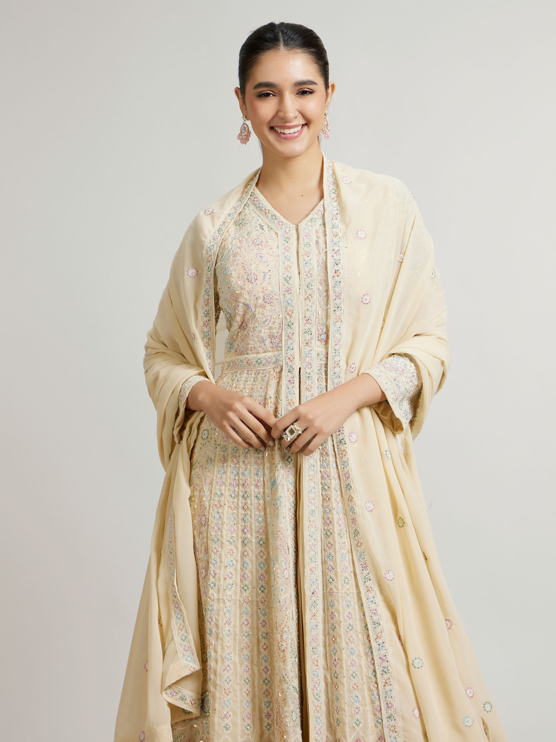Mohey Women Dark Cream Leaf & Linear Patterned Anarkali Suit with Sequin Work