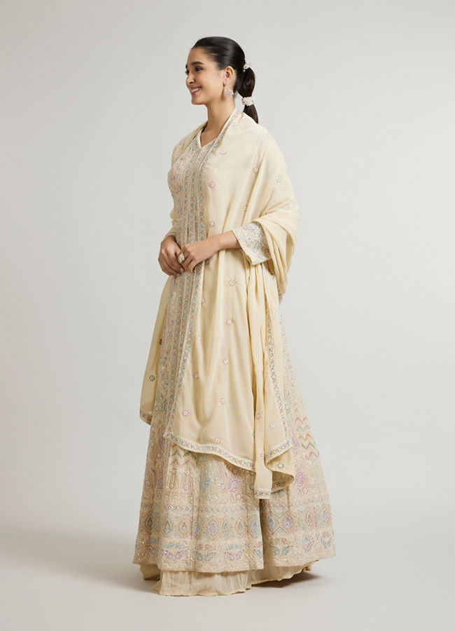 Mohey Women Dark Cream Leaf & Linear Patterned Anarkali Suit with Sequin Work