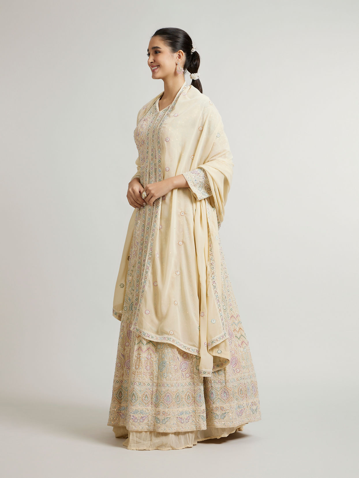 Mohey Women Dark Cream Leaf & Linear Patterned Anarkali Suit with Sequin Work
