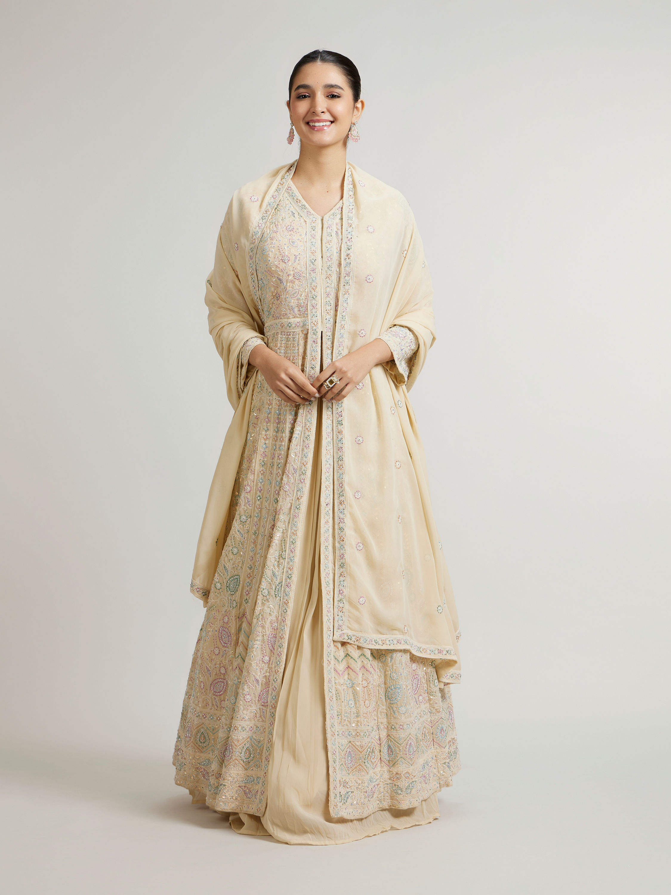 Mohey Women Dark Cream Leaf & Linear Patterned Anarkali Suit with Sequin Work