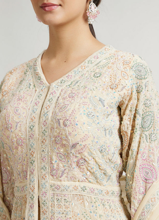Mohey Women Dark Cream Leaf & Linear Patterned Anarkali Suit with Sequin Work