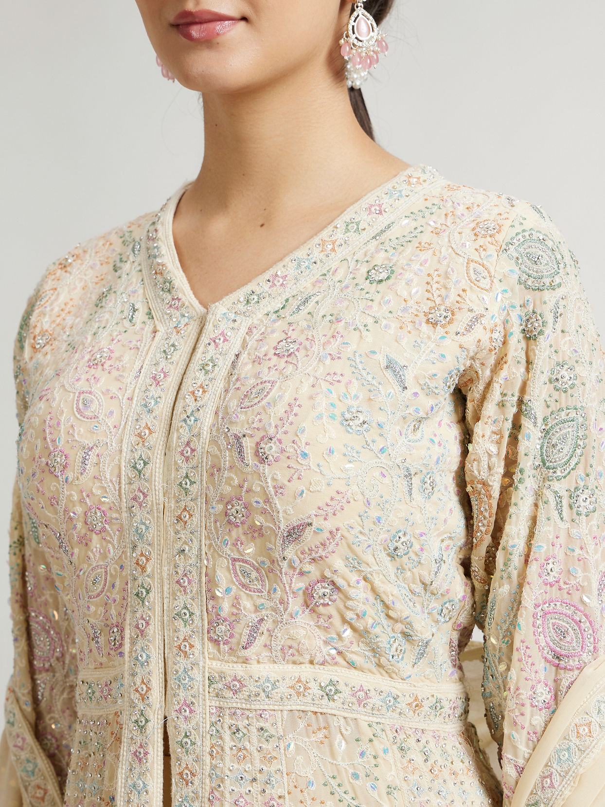 Mohey Women Dark Cream Leaf & Linear Patterned Anarkali Suit with Sequin Work