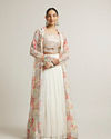 Soft Cream Floral Print Crop Top Lehenga with Mirror Work