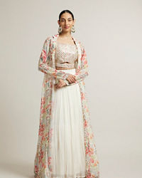 Mohey Women Soft Cream Floral Print Crop Top Lehenga with Mirror Work