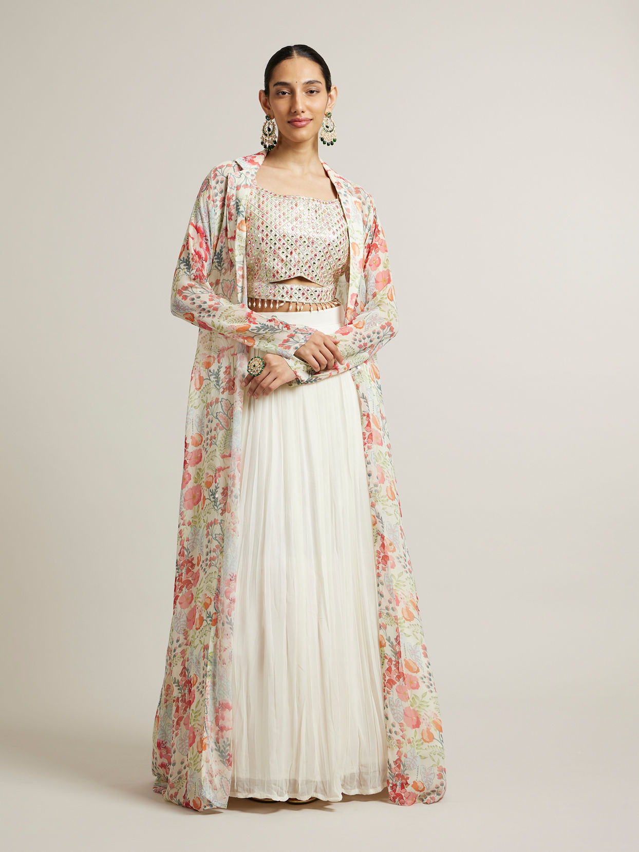 Mohey Women Soft Cream Floral Print Crop Top Lehenga with Mirror Work