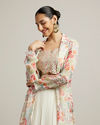 Mohey Women Soft Cream Floral Print Crop Top Lehenga with Mirror Work