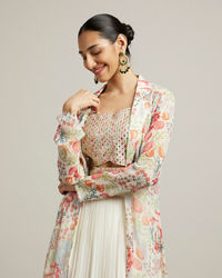 Mohey Women Soft Cream Floral Print Crop Top Lehenga with Mirror Work