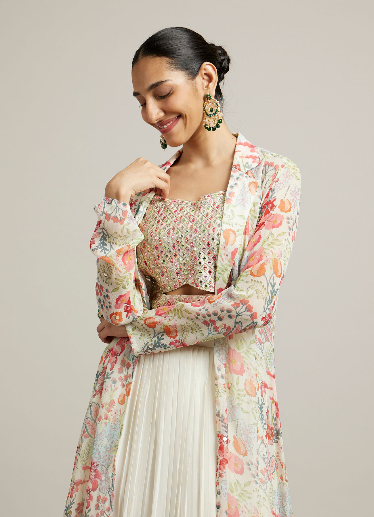 Mohey Women Soft Cream Floral Print Crop Top Lehenga with Mirror Work