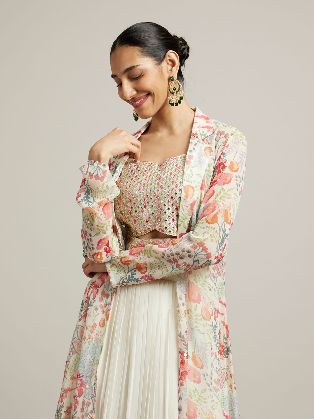 Mohey Women Soft Cream Floral Print Crop Top Lehenga with Mirror Work