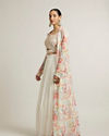Mohey Women Soft Cream Floral Print Crop Top Lehenga with Mirror Work