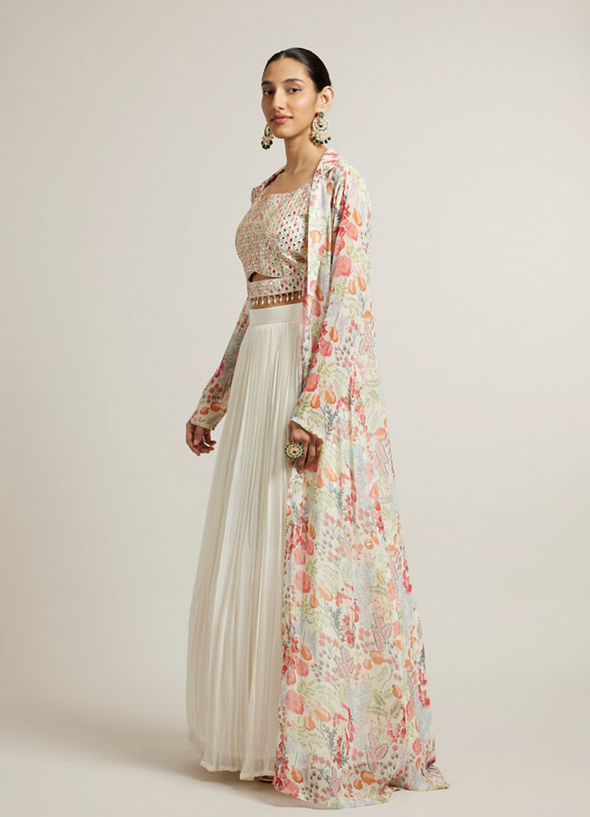 Mohey Women Soft Cream Floral Print Crop Top Lehenga with Mirror Work