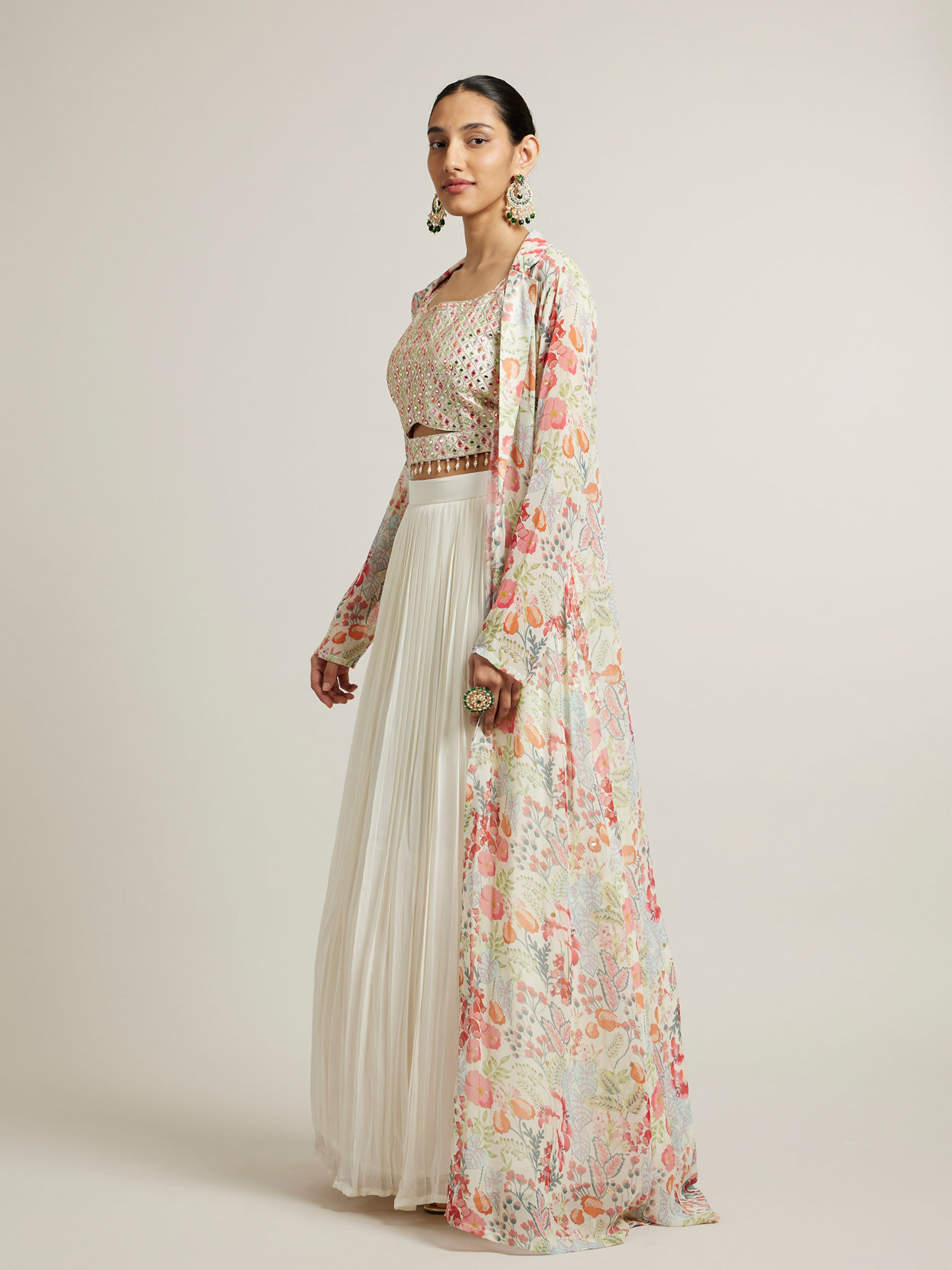 Mohey Women Soft Cream Floral Print Crop Top Lehenga with Mirror Work