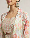 Mohey Women Soft Cream Floral Print Crop Top Lehenga with Mirror Work