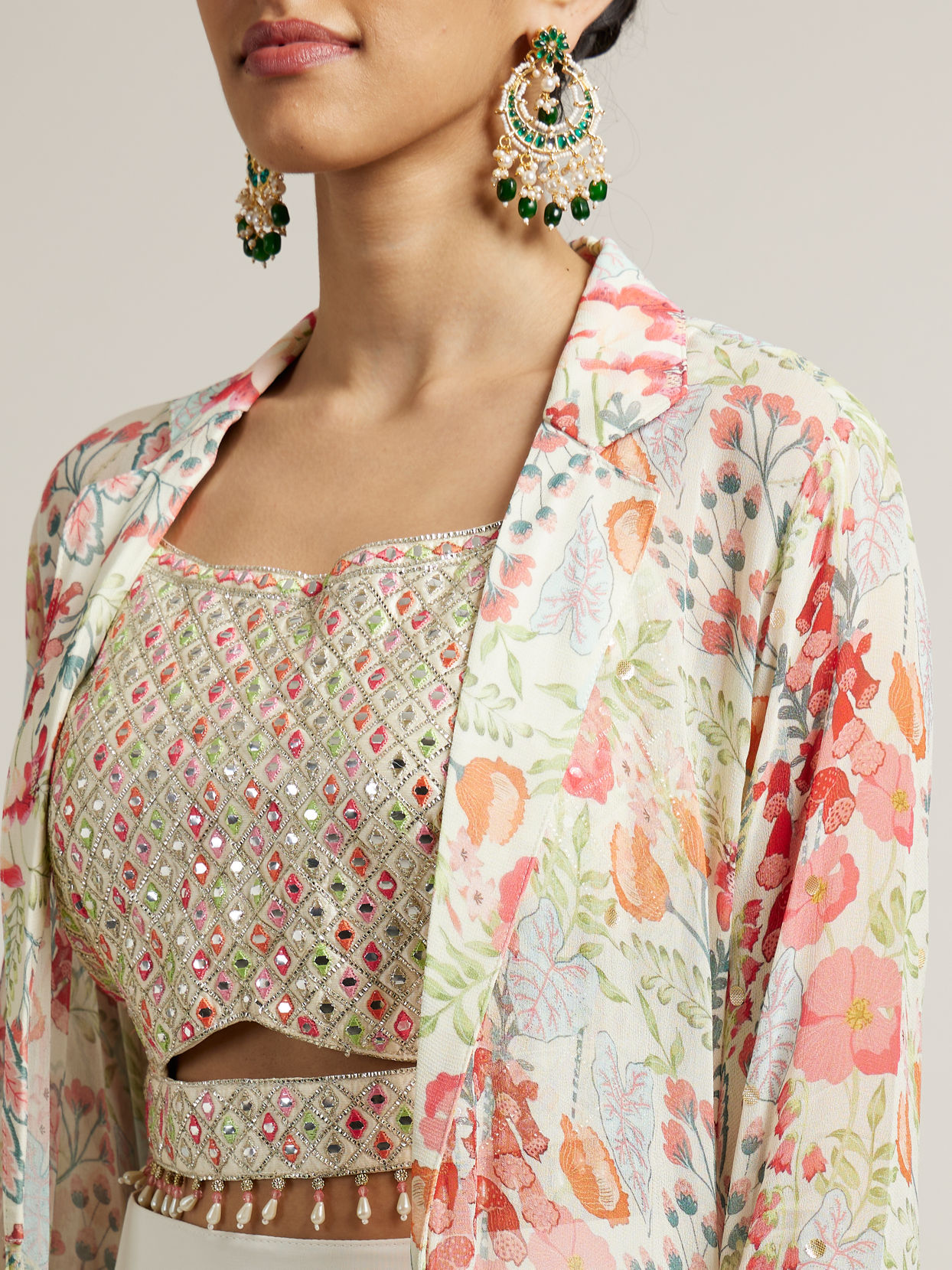 Mohey Women Soft Cream Floral Print Crop Top Lehenga with Mirror Work