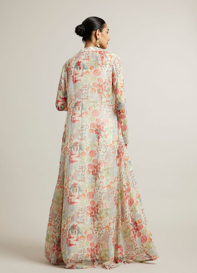 Mohey Women Soft Cream Floral Print Crop Top Lehenga with Mirror Work