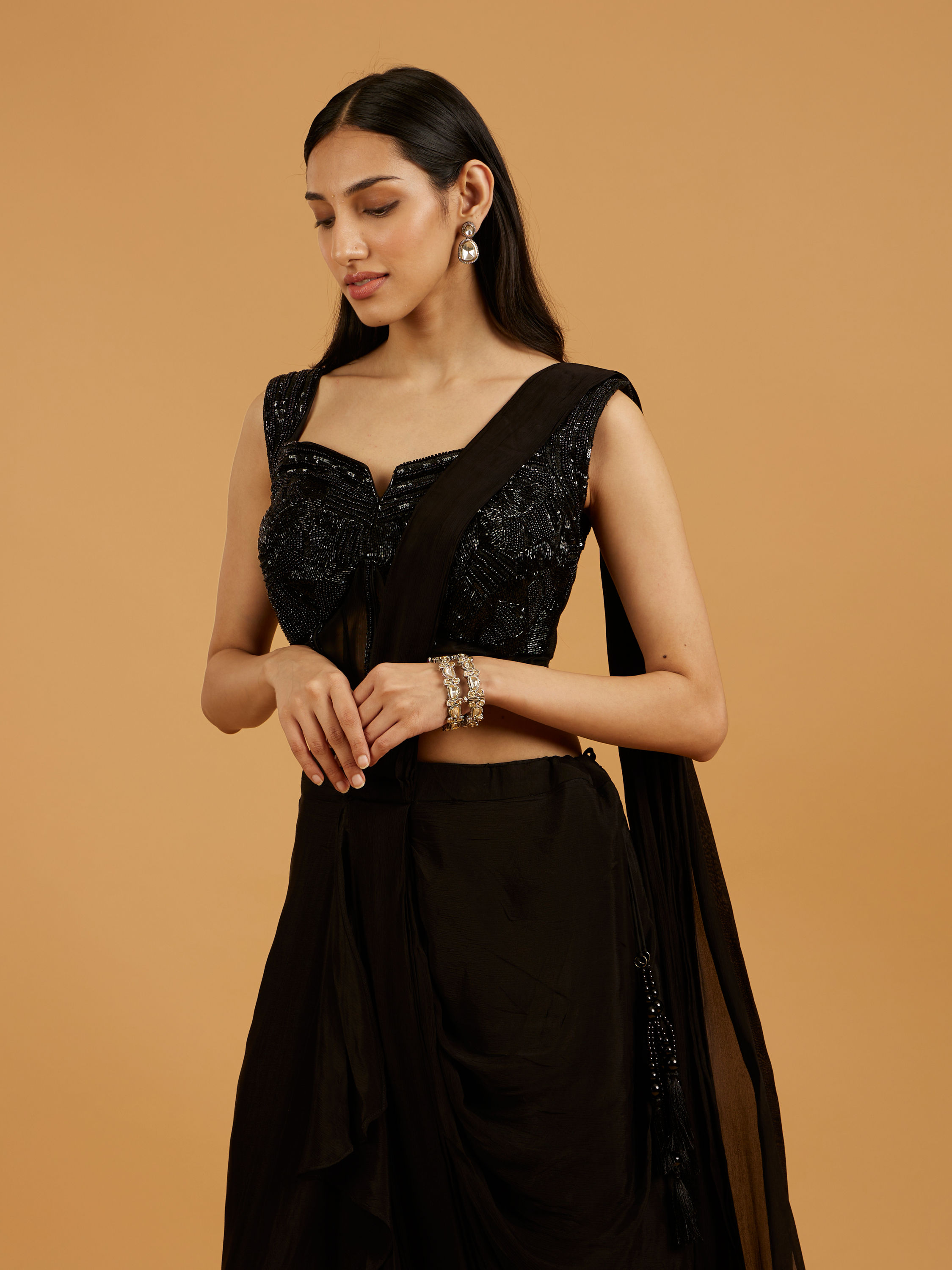 Mohey Women Black Georgette Stitched Suit Elegance