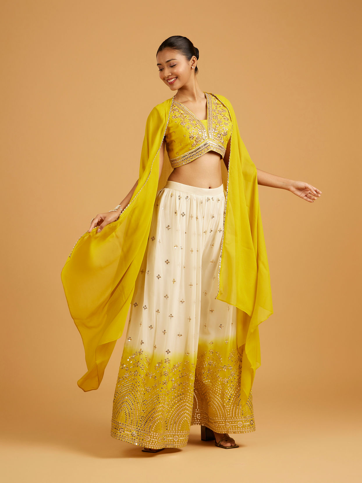 Mohey Women Embroidered Georgette Blouse and Palazzo Set