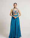 Teal Blue Circular Patterned Indo Western Set with Sequin Highlights