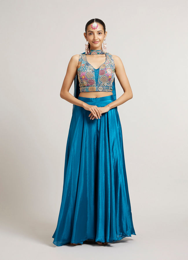 Mohey Women Teal Blue Circular Patterned Indo Western Set with Sequin Highlights
