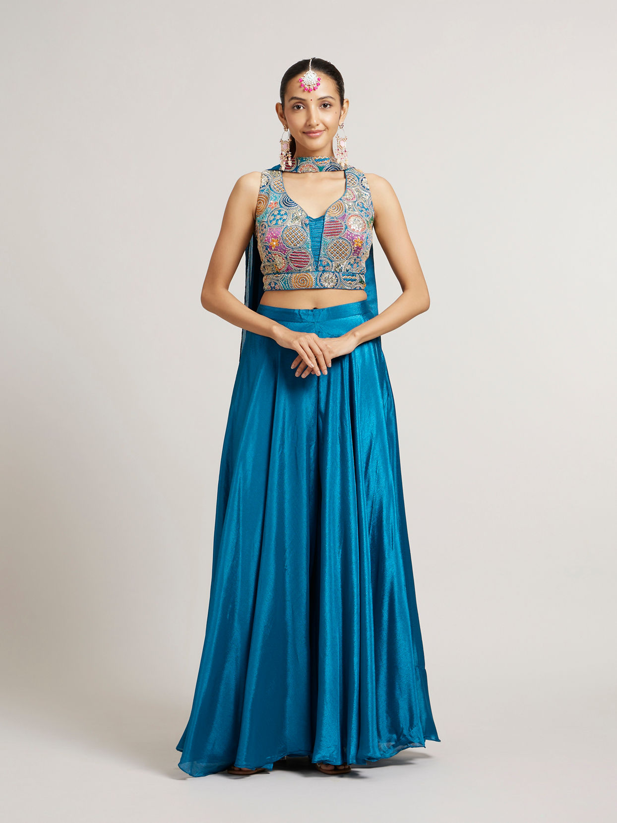 Mohey Women Teal Blue Circular Patterned Indo Western Set with Sequin Highlights
