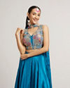 Mohey Women Teal Blue Circular Patterned Indo Western Set with Sequin Highlights