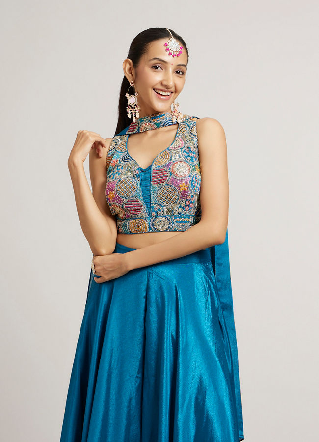 Mohey Women Teal Blue Circular Patterned Indo Western Set with Sequin Highlights