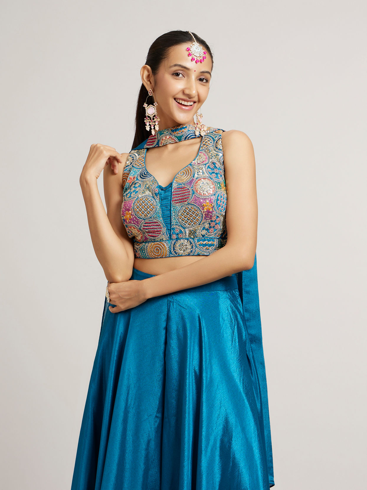 Mohey Women Teal Blue Circular Patterned Indo Western Set with Sequin Highlights