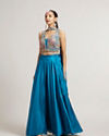 Mohey Women Teal Blue Circular Patterned Indo Western Set with Sequin Highlights