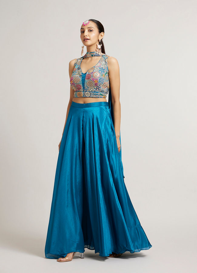Mohey Women Teal Blue Circular Patterned Indo Western Set with Sequin Highlights