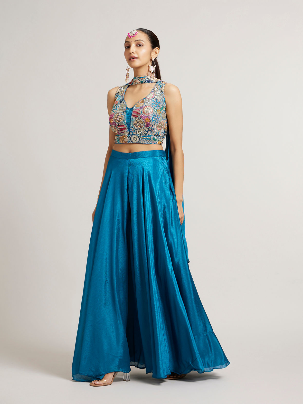 Mohey Women Teal Blue Circular Patterned Indo Western Set with Sequin Highlights
