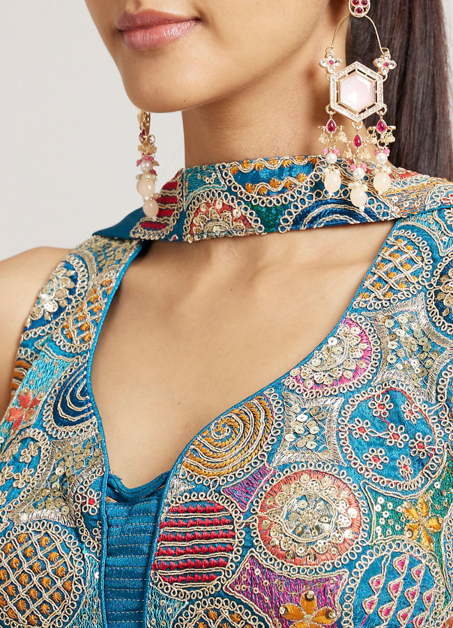 Mohey Women Teal Blue Circular Patterned Indo Western Set with Sequin Highlights
