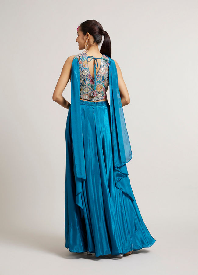 Mohey Women Teal Blue Circular Patterned Indo Western Set with Sequin Highlights