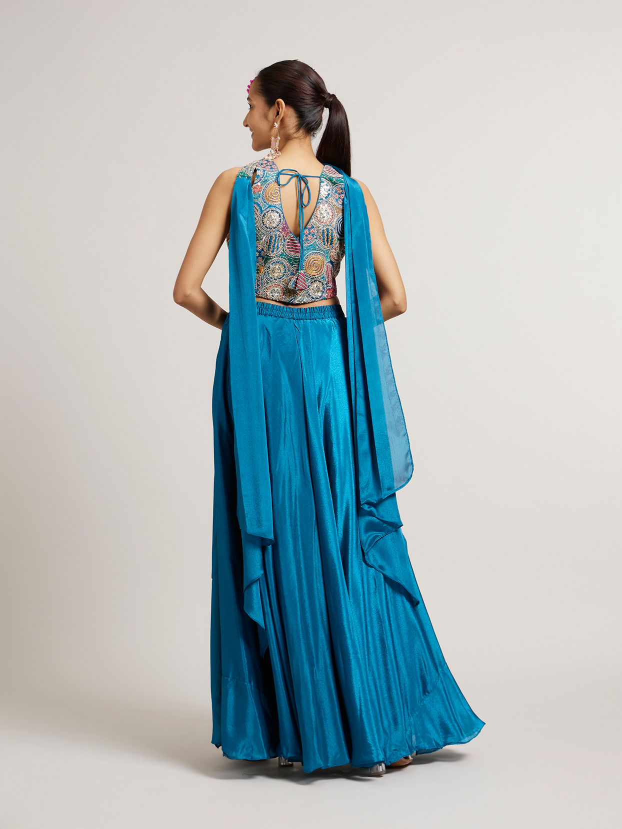 Mohey Women Teal Blue Circular Patterned Indo Western Set with Sequin Highlights