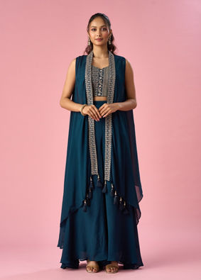 Mohey Women Blue Chinon Indo Western with Embroidery