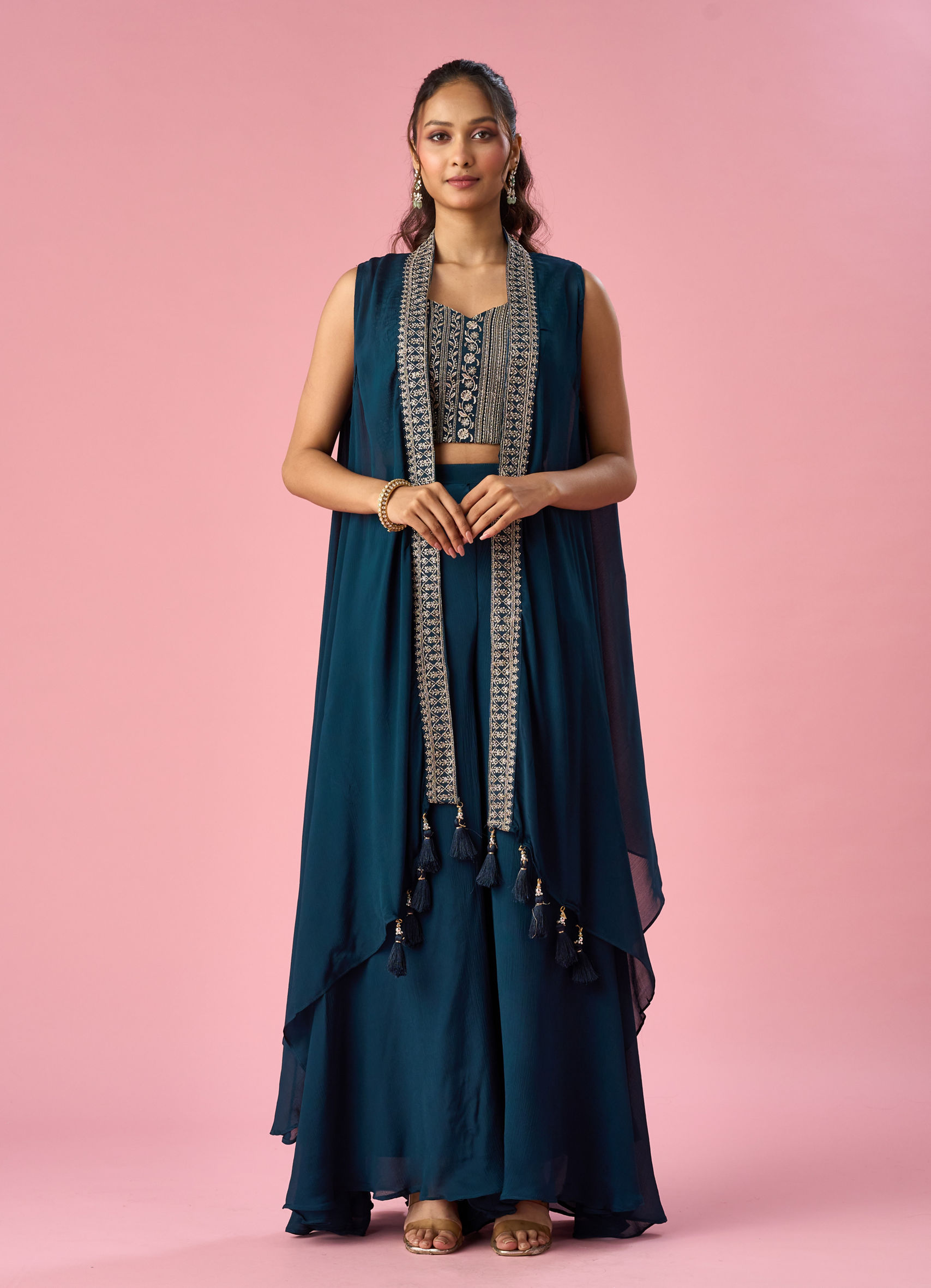 Buy Blue Chinon Indo Western with Embroidery Online in the USA @Mohey