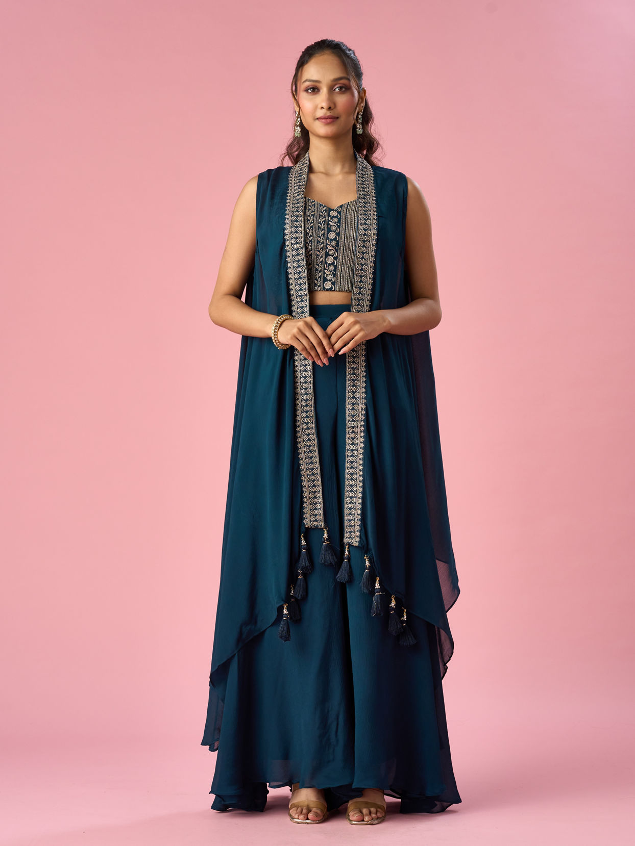 Mohey Women Blue Chinon Indo Western with Embroidery
