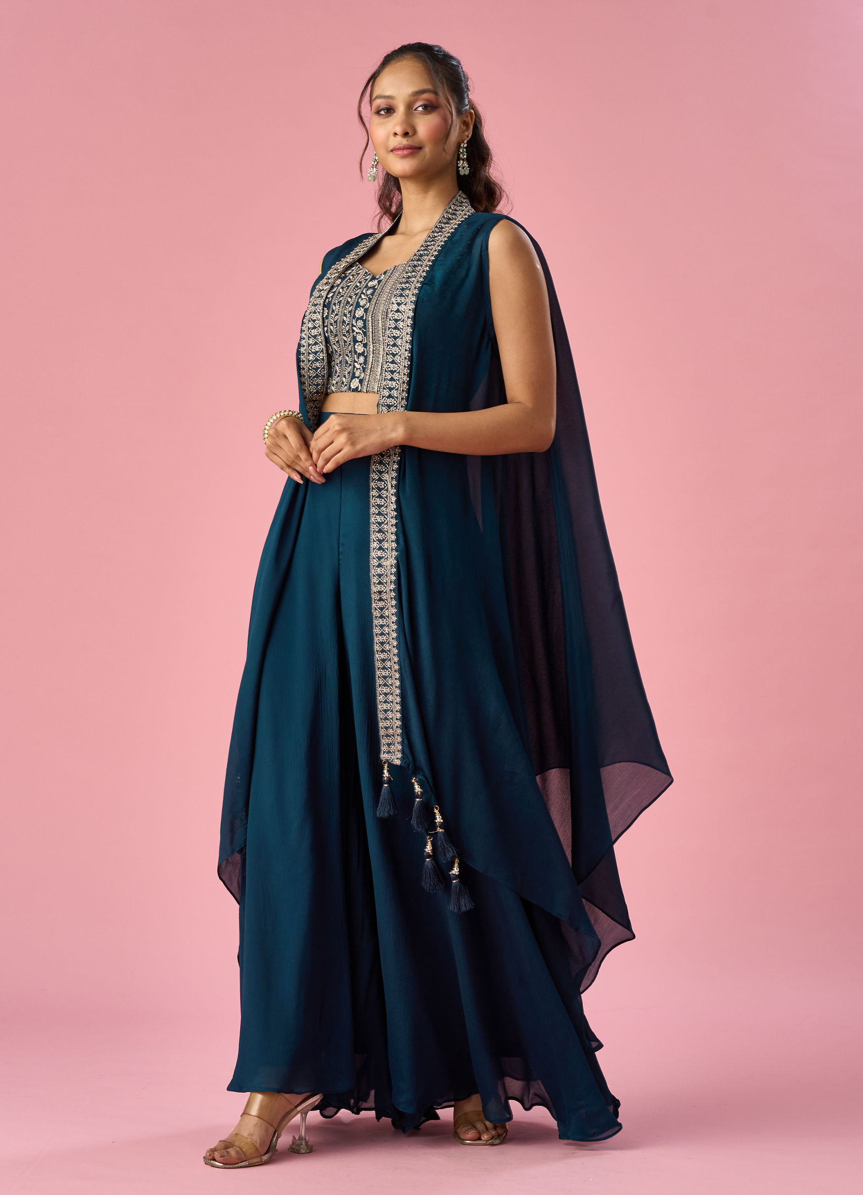Buy Blue Chinon Indo Western with Embroidery Online in the USA @Mohey